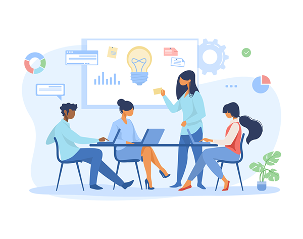 Flat illustration of team members having a brainstorming session with laptop and charts