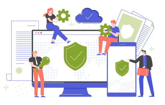 Illustration of cybersecurity and data protection with shield icons on devices