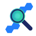Colorful magnifying glass icon with blue abstract shapes