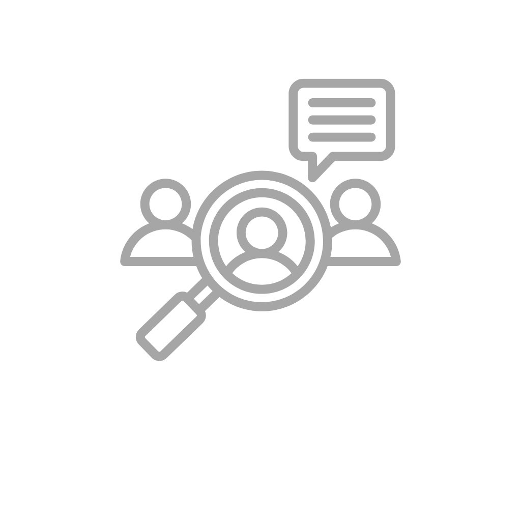 Icon of magnifying glass over a person with two others and a speech bubble, symbolizing analysis or communication