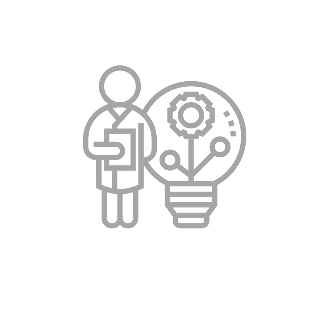 Icon of a person in a lab coat standing next to a light bulb symbolizing innovation and technology