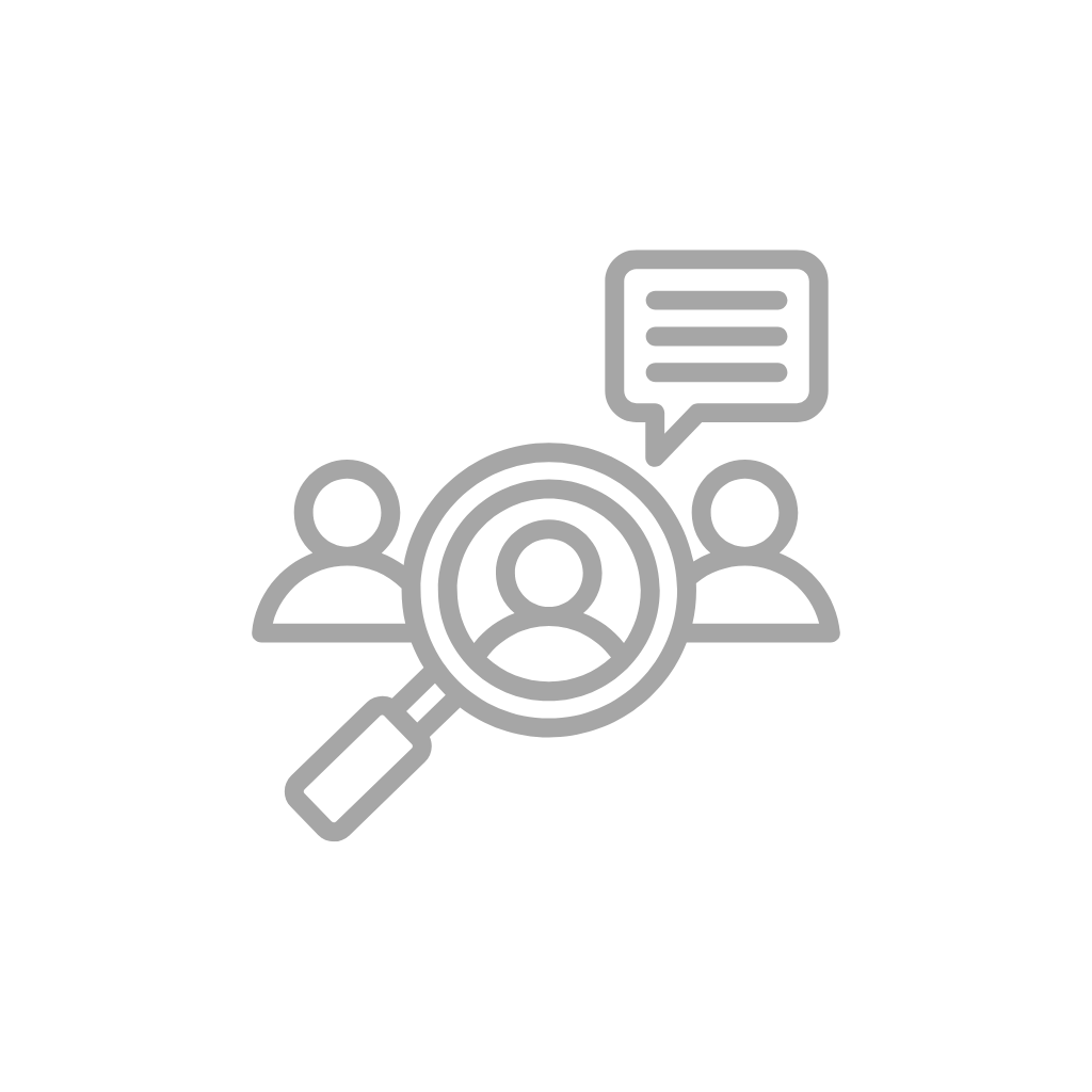 Icon showing a magnifying glass over a person with two others and a chat bubble