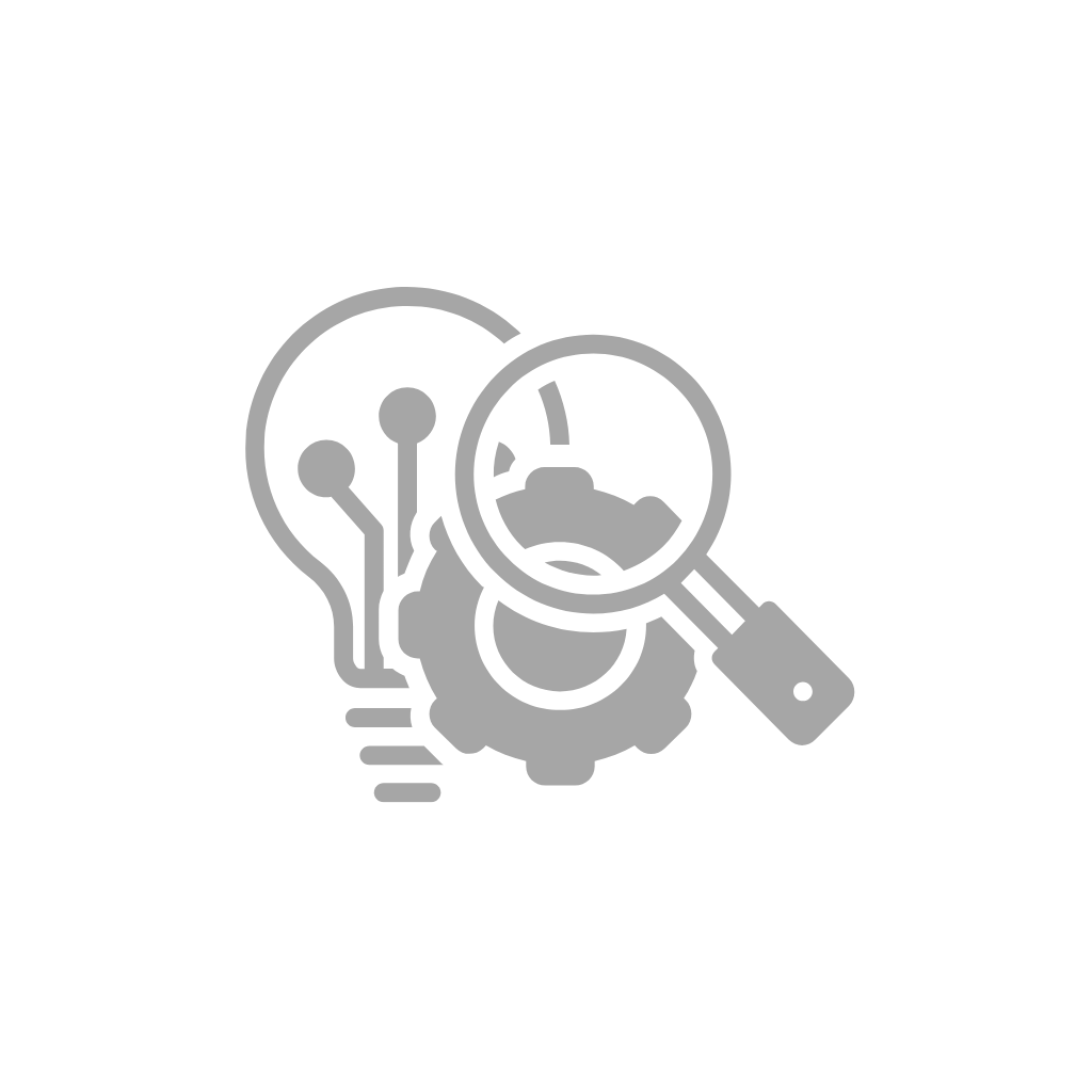 Icon of magnifying glass over gear and light bulb symbolizing innovation analysis and technical research