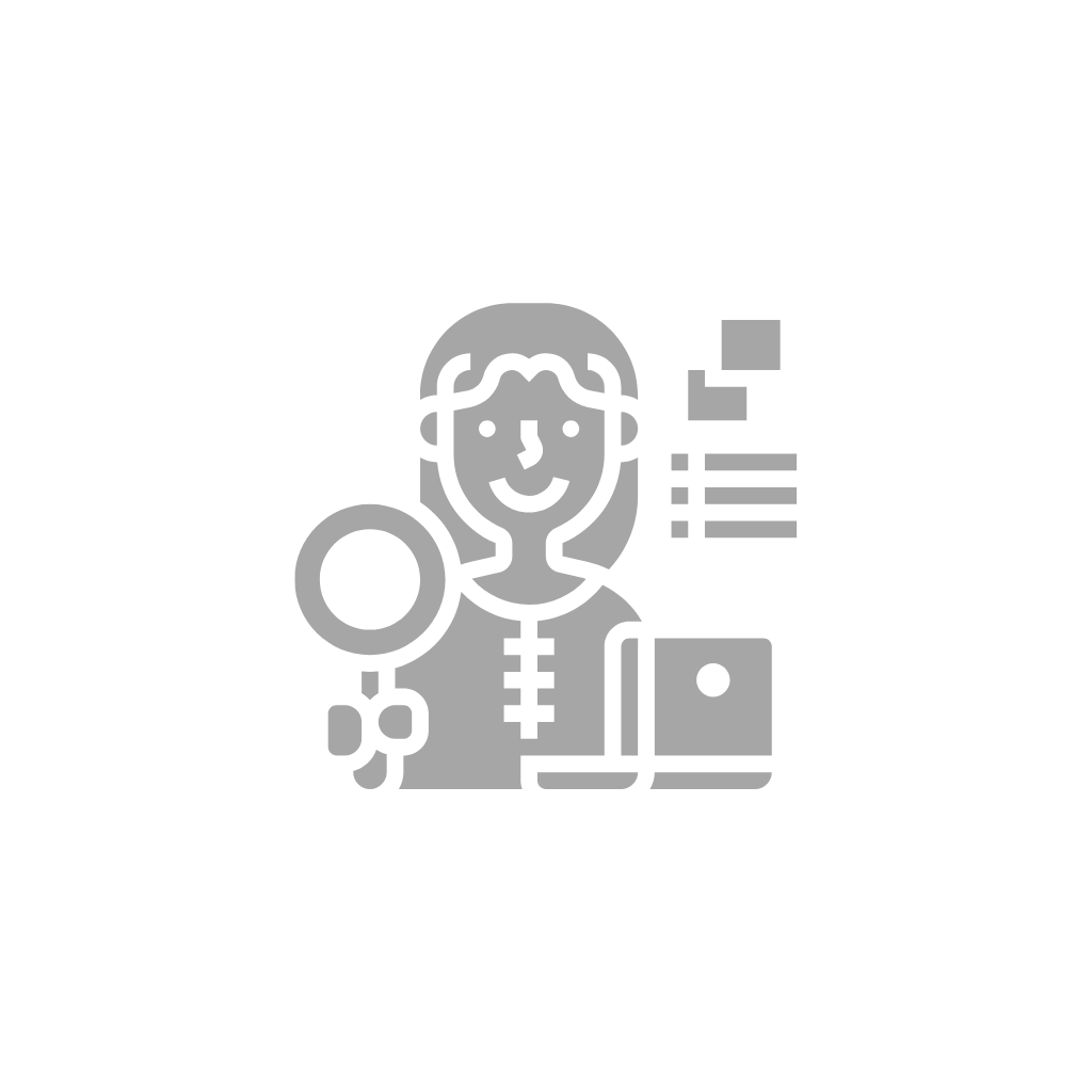 Icon of a woman with magnifying glass and laptop, symbolizing research or data analysis