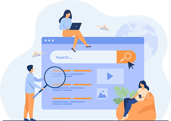 Illustration of people using search engine interface with magnifying glass, laptop, and digital content icons