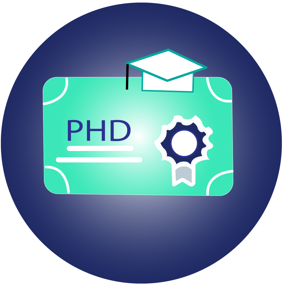 PhD conference certificate icon with graduation cap and award badge
