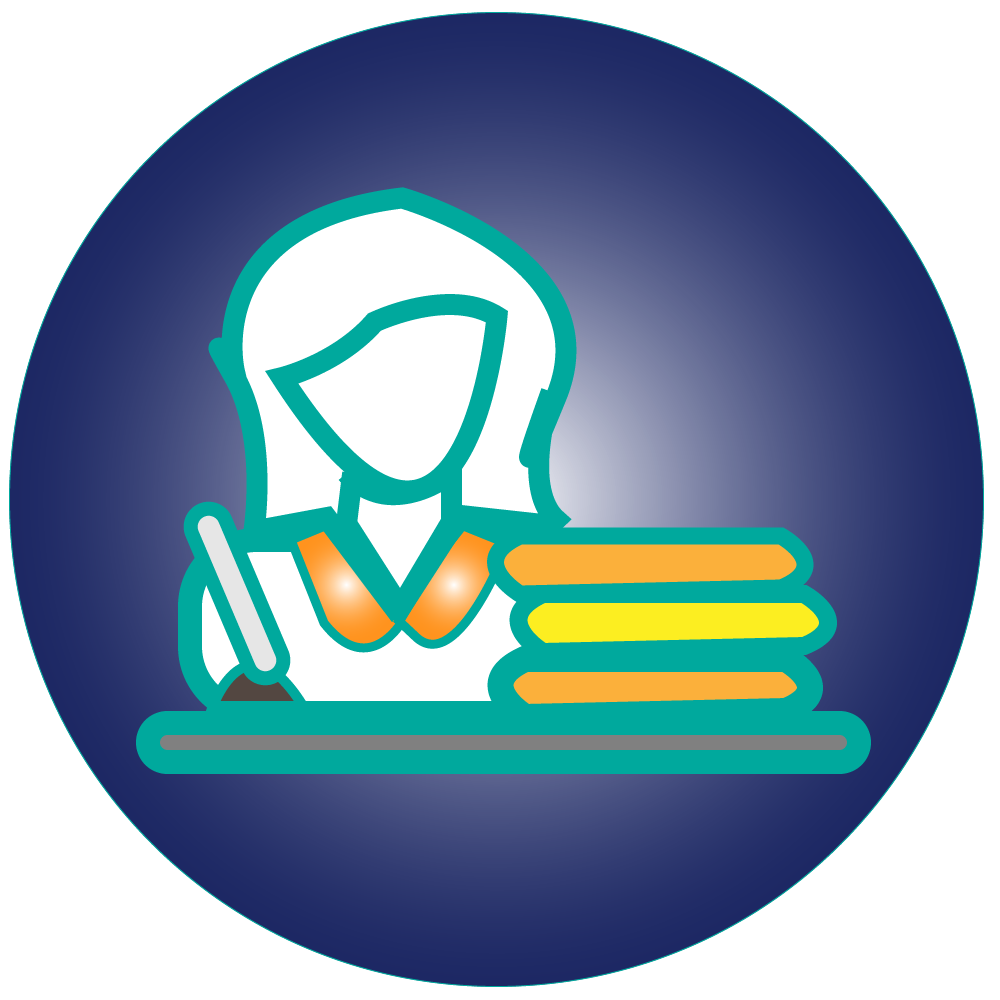 Literature review writing service icon with researcher and books