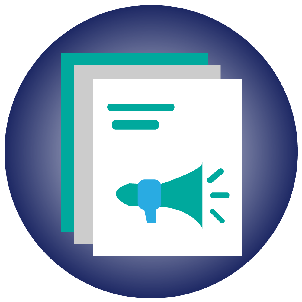 Research paper publication icon with document and announcement symbol