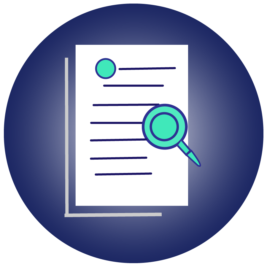 Research paper writing icon with document and magnifying glass symbol